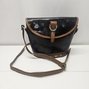 Vintage Black And Tan Leather Crossbody Shoulder Bag Purse Suede Liner Hong Kong